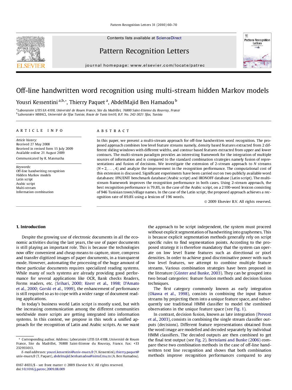 Off-line handwritten word recognition using multi-stream hidden Markov models