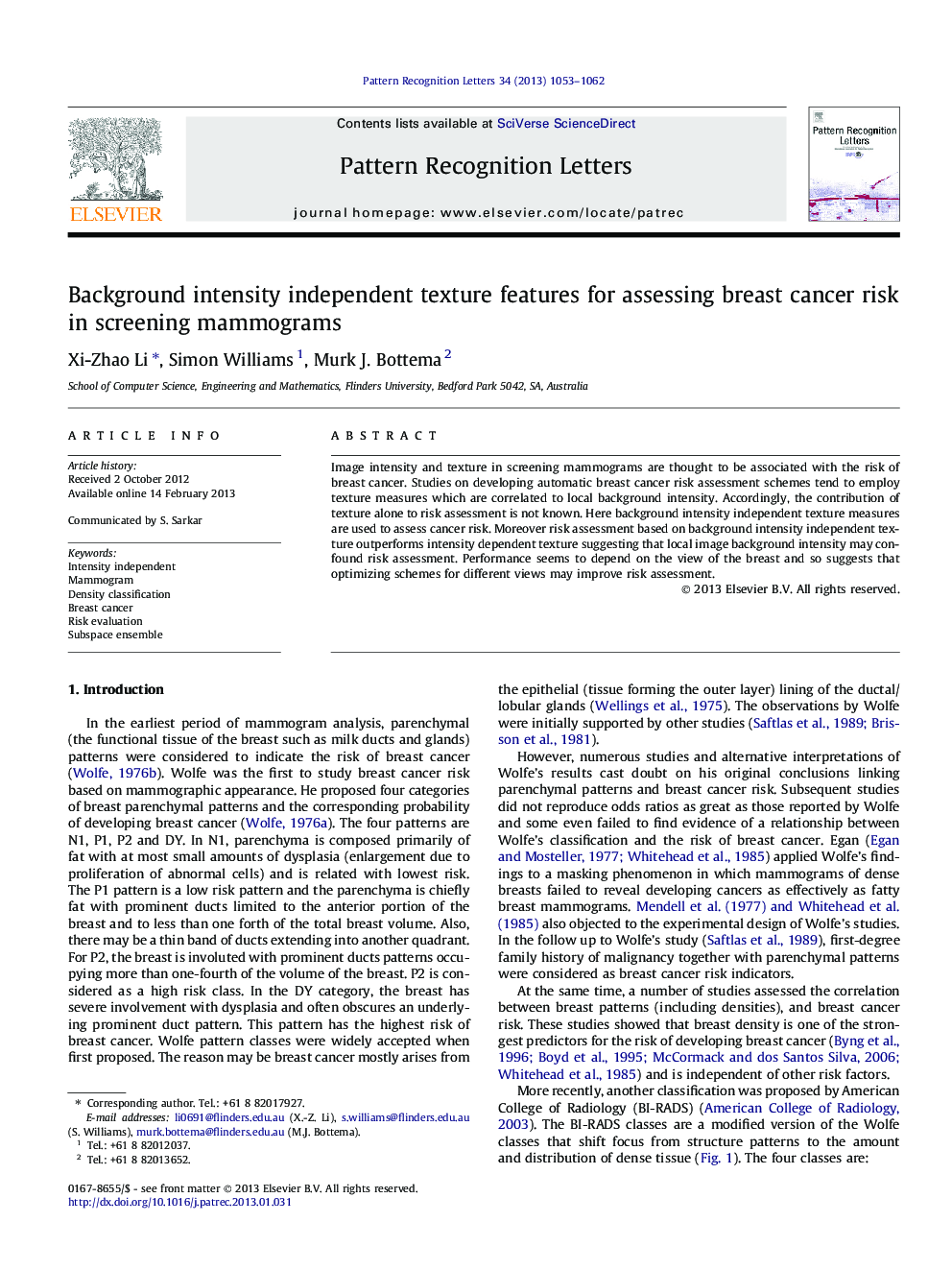 Background intensity independent texture features for assessing breast cancer risk in screening mammograms