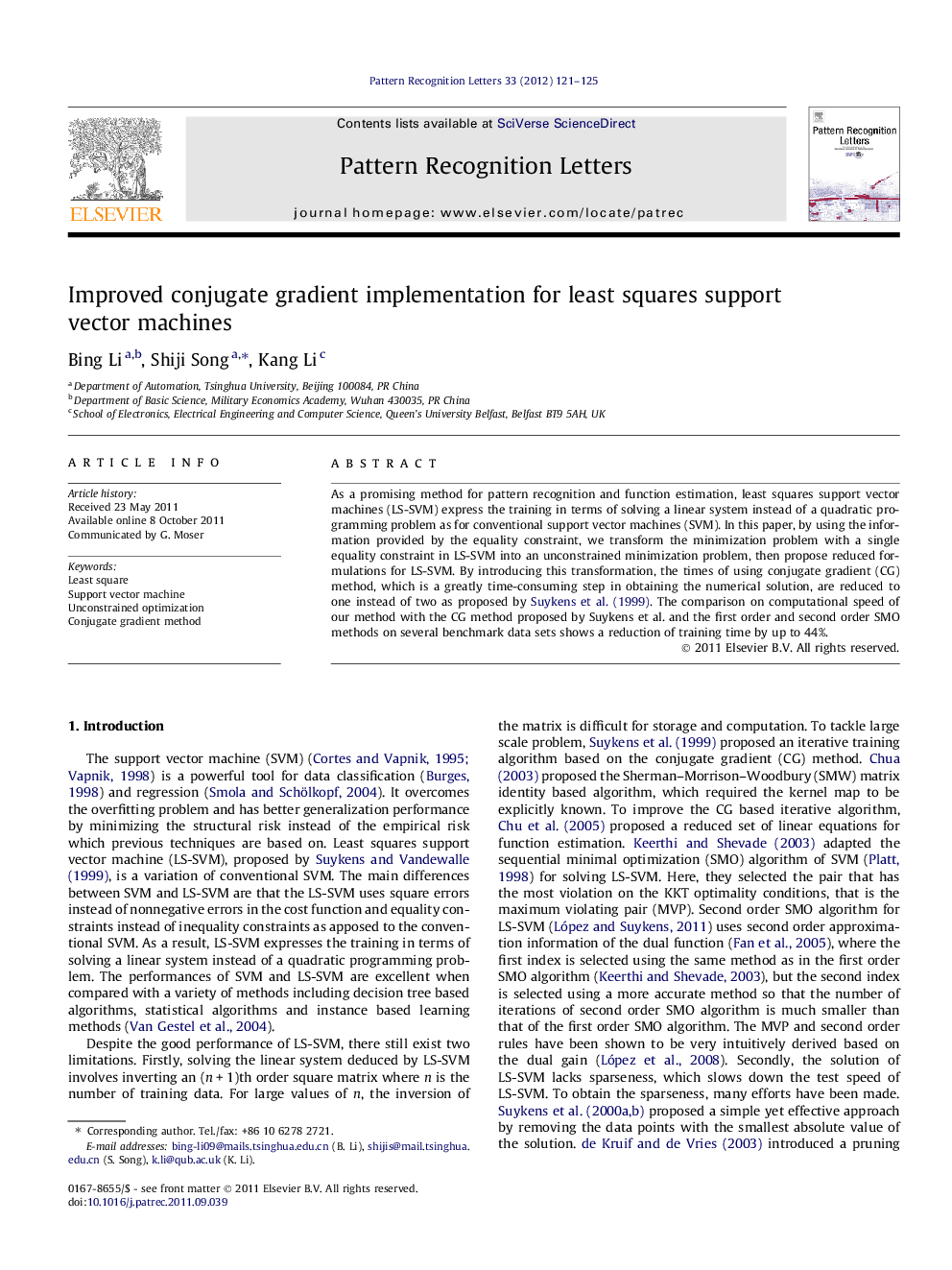 Improved conjugate gradient implementation for least squares support vector machines