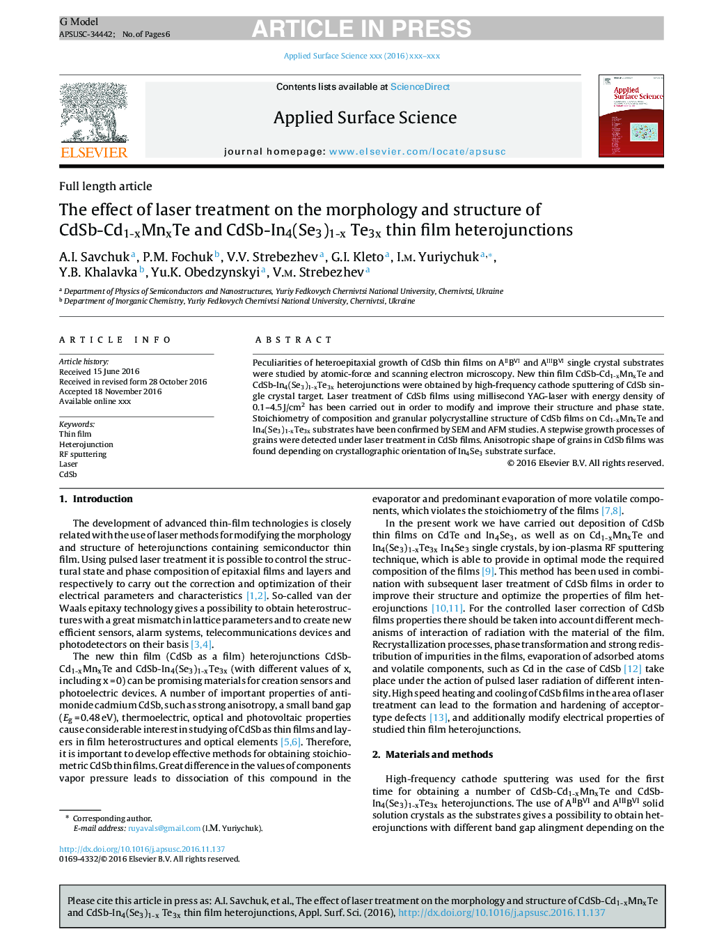 The effect of laser treatment on the morphology and structure of CdSb-Cd1-ÑMnÑTe and CdSb-In4(Se3)1-Ñ Ð¢e3Ñ thin film heterojunctions