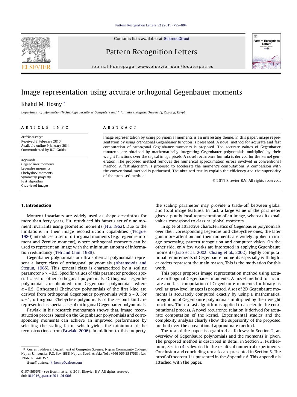 Image representation using accurate orthogonal Gegenbauer moments