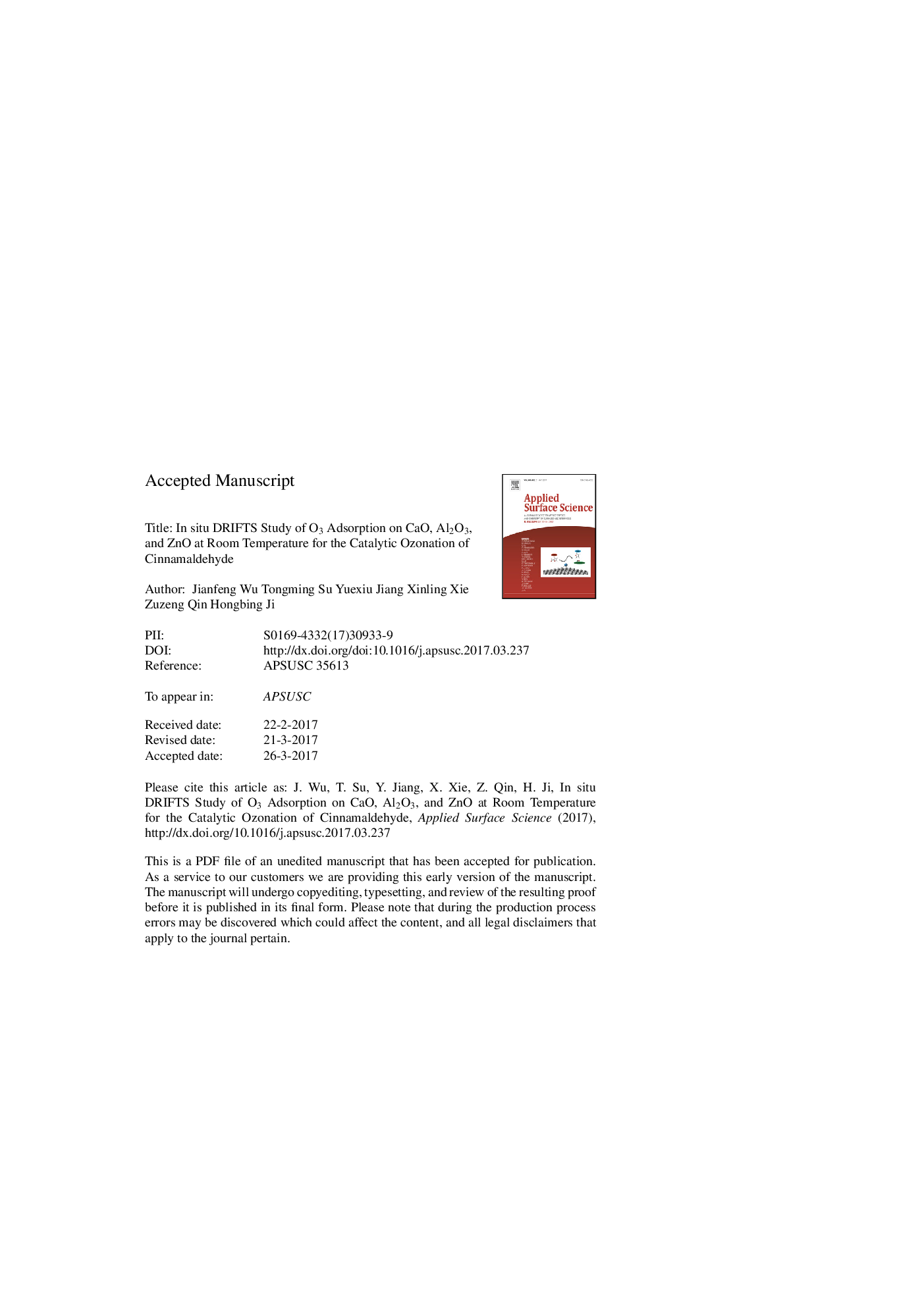 In situ DRIFTS study of O3 adsorption on CaO, Î³-Al2O3, CuO, Î±-Fe2O3 and ZnO at room temperature for the catalytic ozonation of cinnamaldehyde