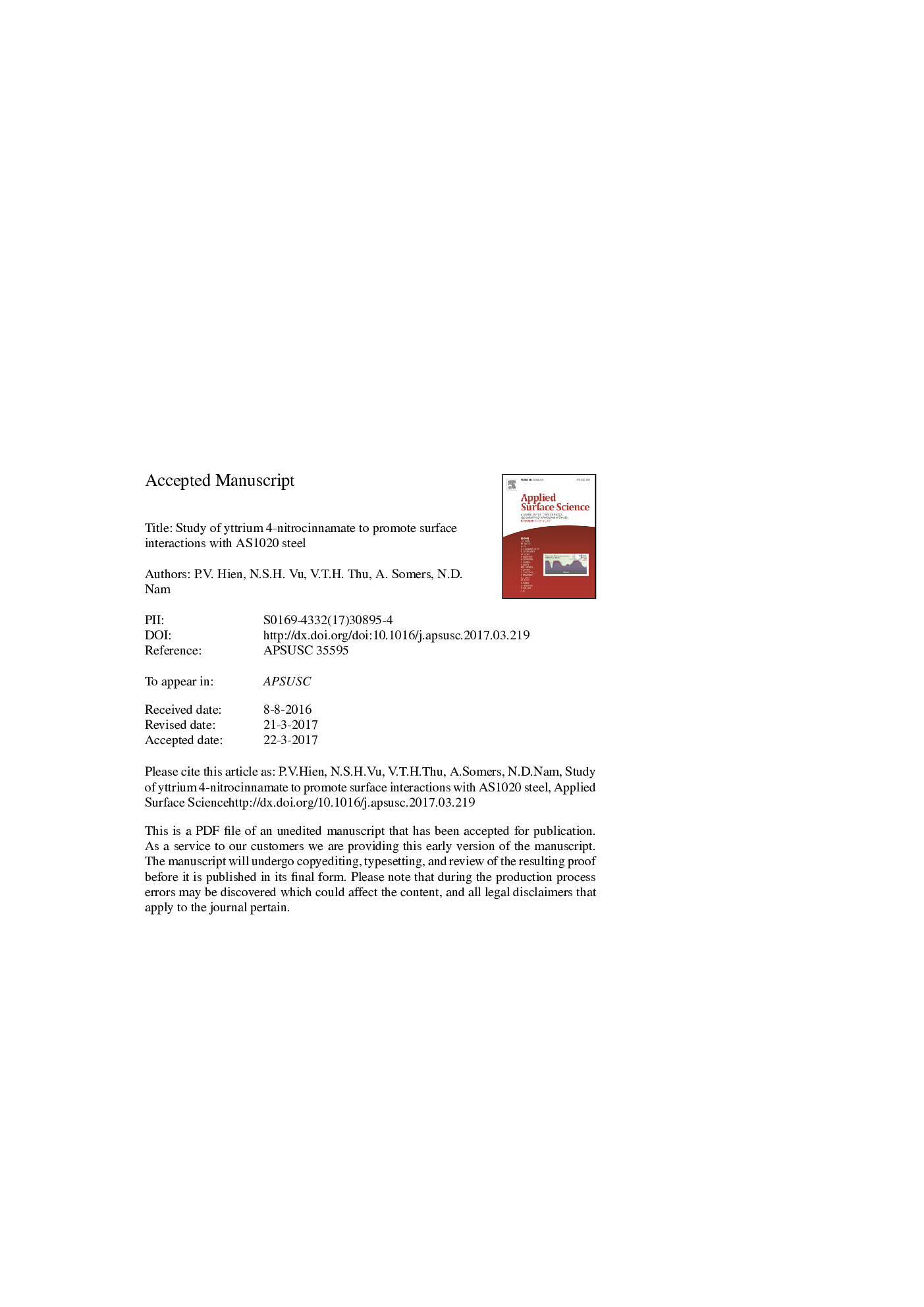 Study of yttrium 4-nitrocinnamate to promote surface interactions with AS1020 steel