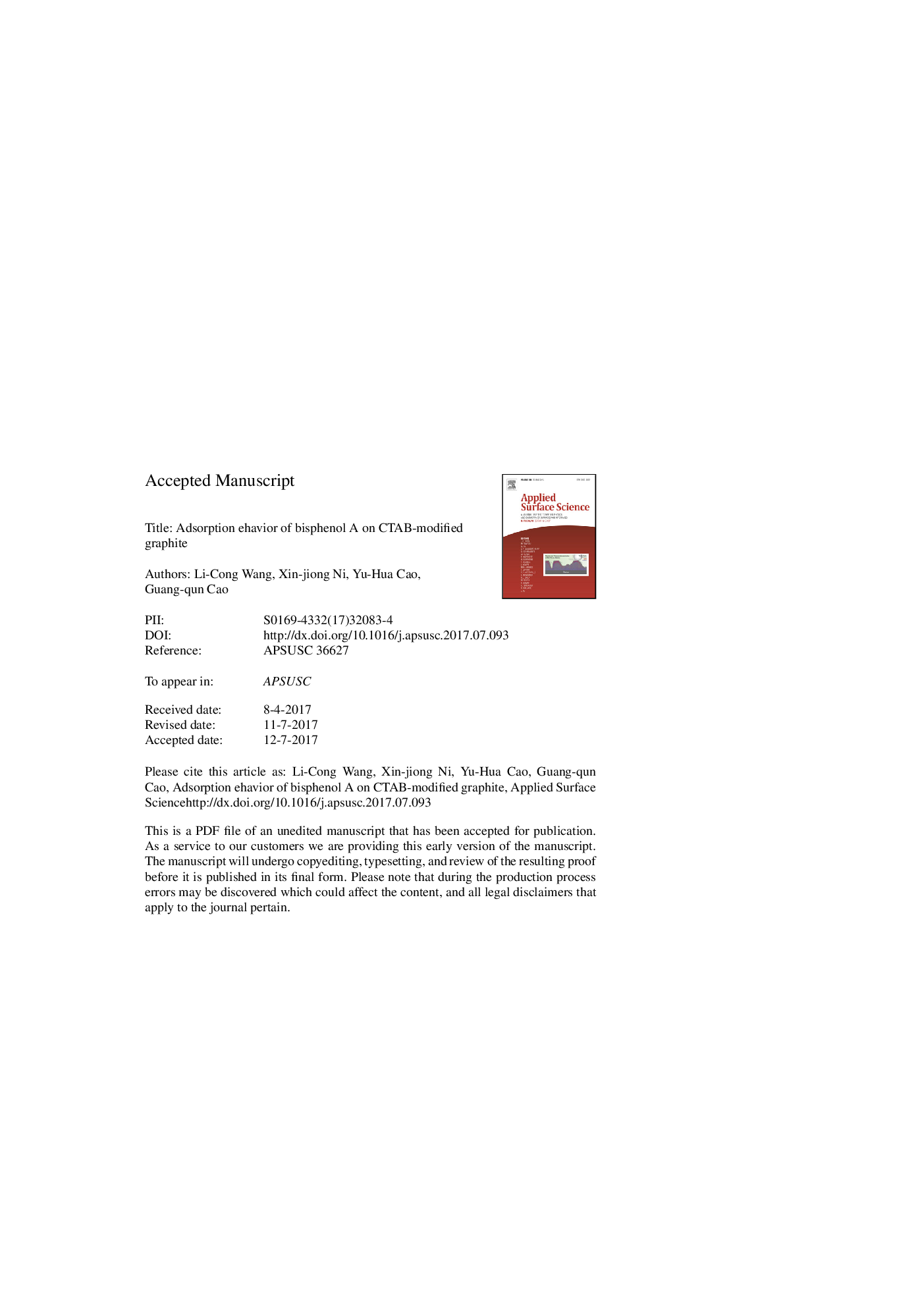 Adsorption behavior of bisphenol A on CTAB-modified graphite