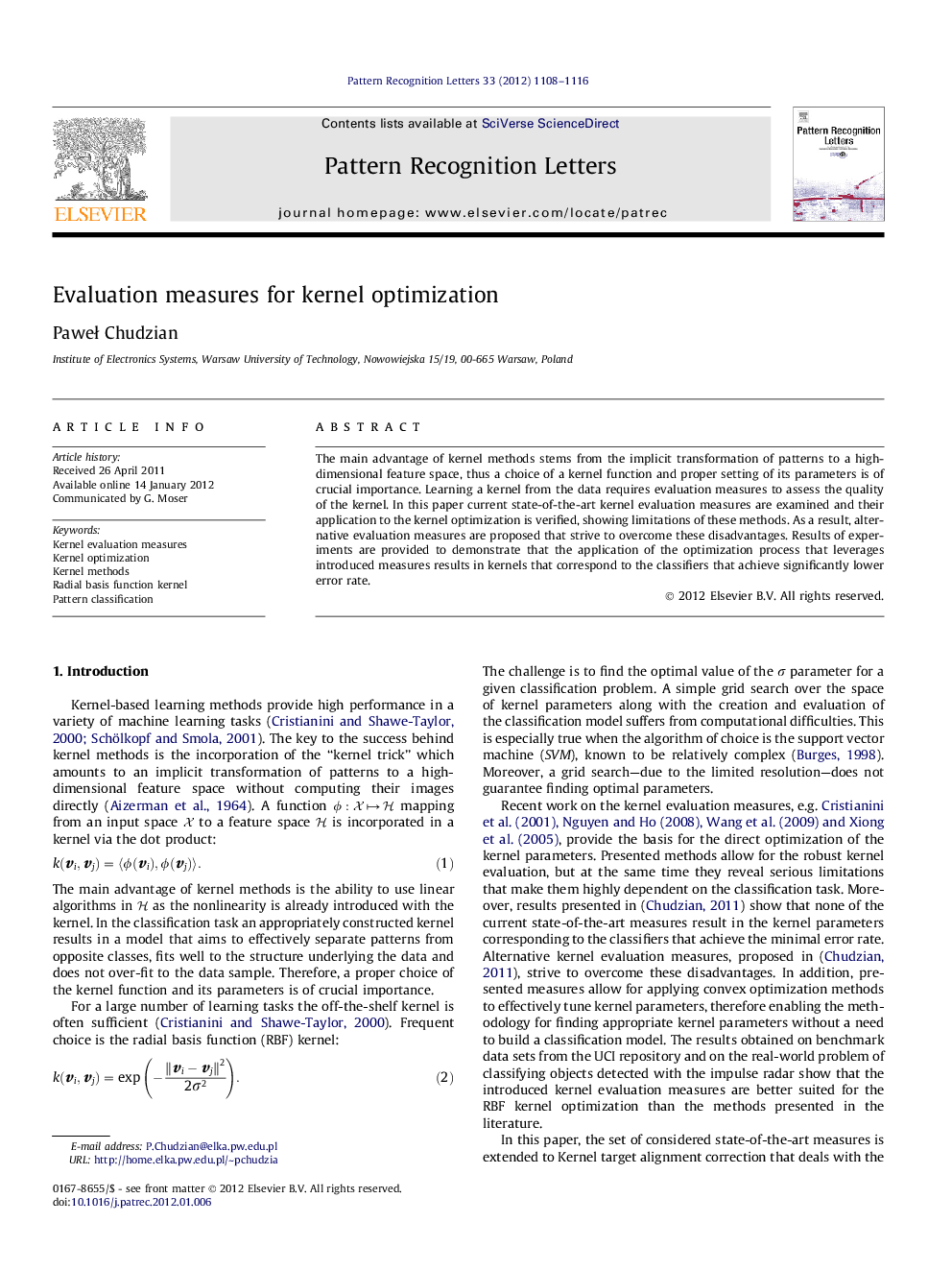 Evaluation measures for kernel optimization