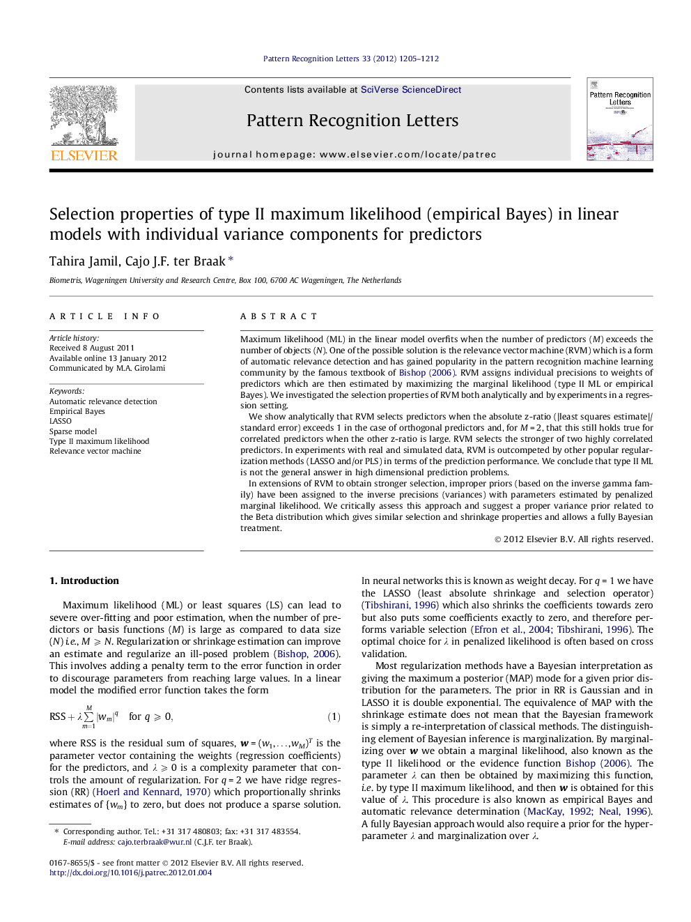 Selection properties of type II maximum likelihood (empirical Bayes) in linear models with individual variance components for predictors