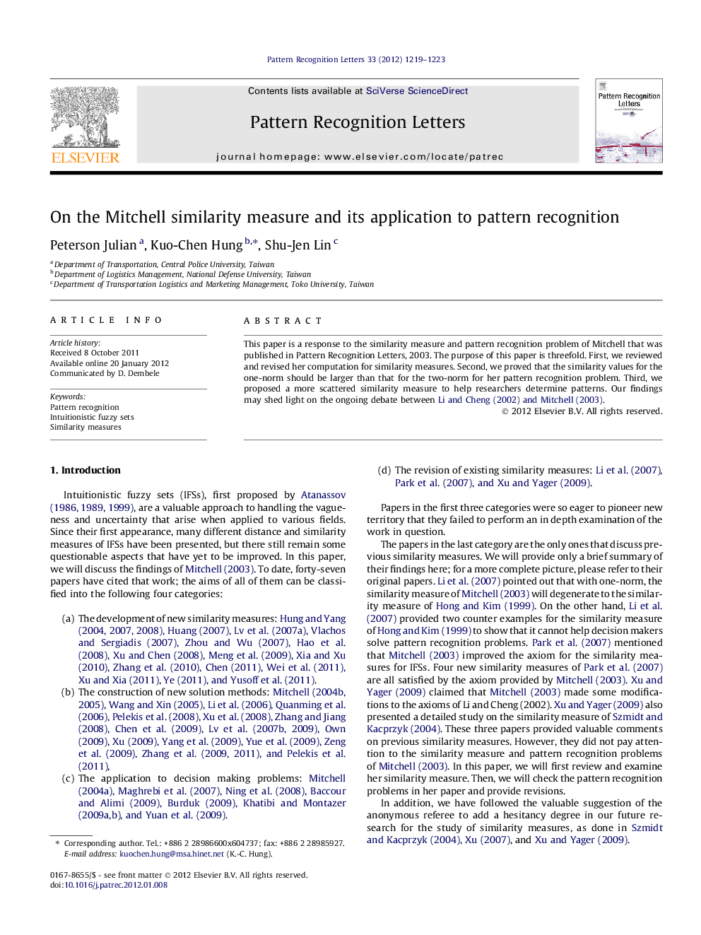 On the Mitchell similarity measure and its application to pattern recognition