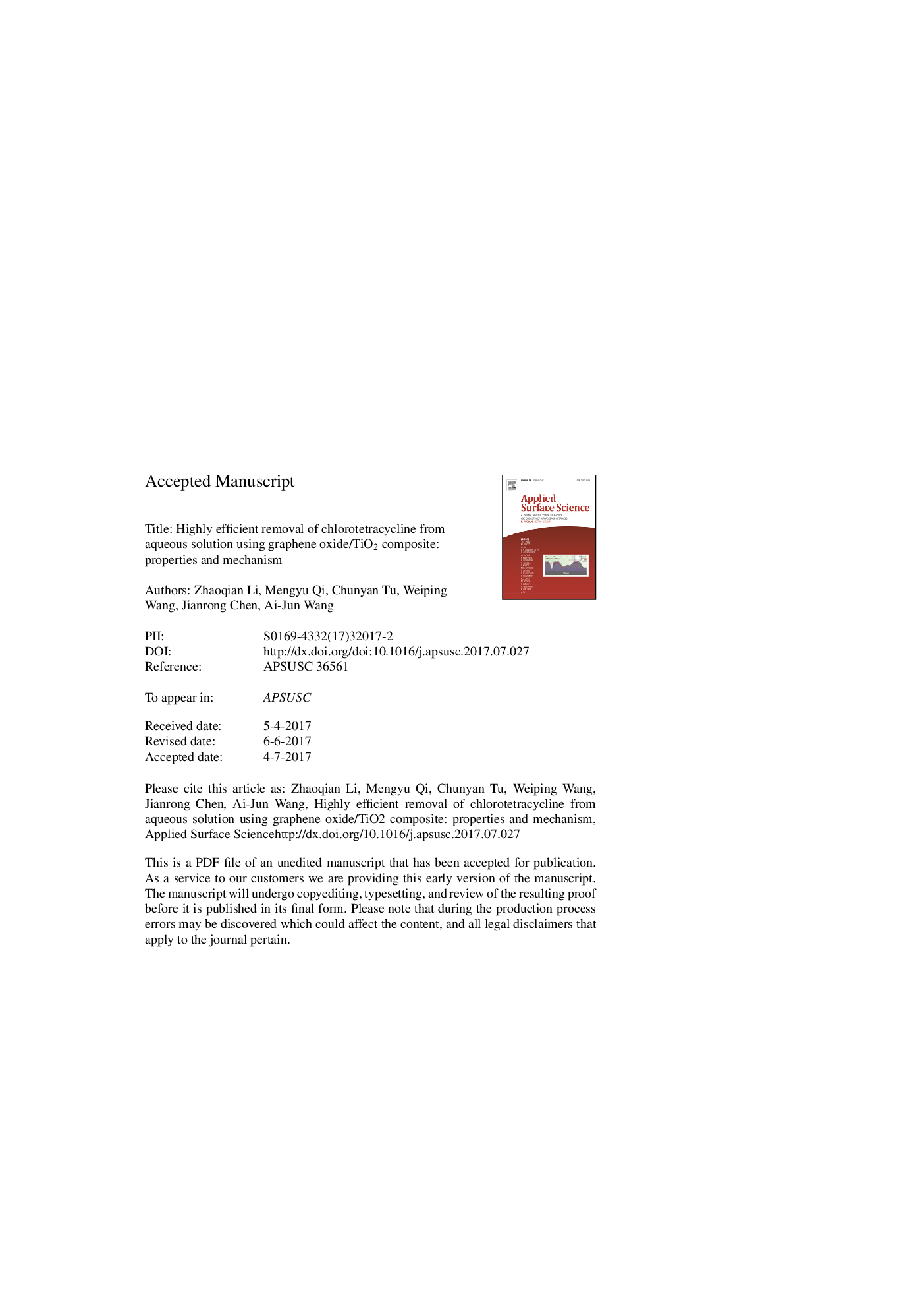 Highly efficient removal of chlorotetracycline from aqueous solution using graphene oxide/TiO2 composite: Properties and mechanism