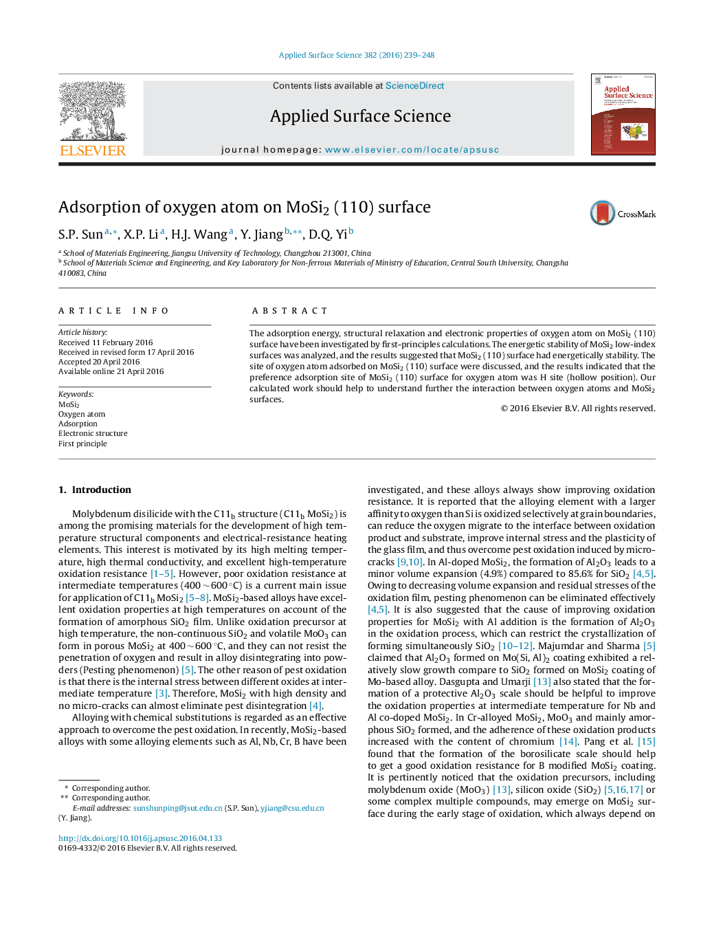 Adsorption of oxygen atom on MoSi2 (110) surface