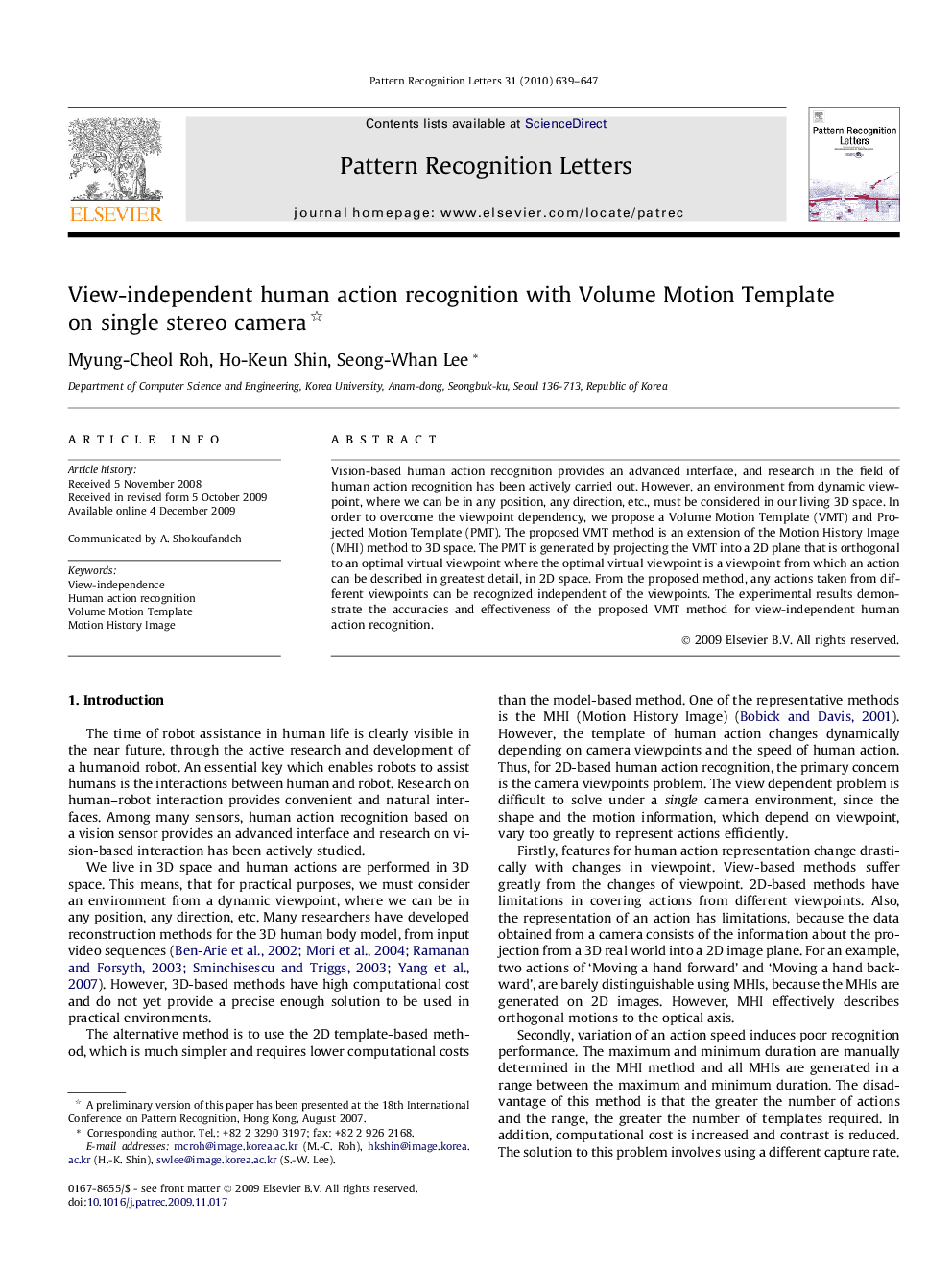 View-independent human action recognition with Volume Motion Template on single stereo camera 