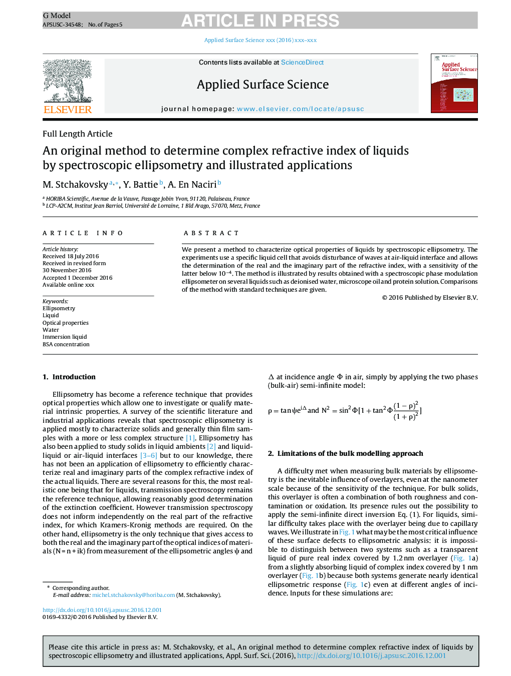 An original method to determine complex refractive index of liquids by spectroscopic ellipsometry and illustrated applications