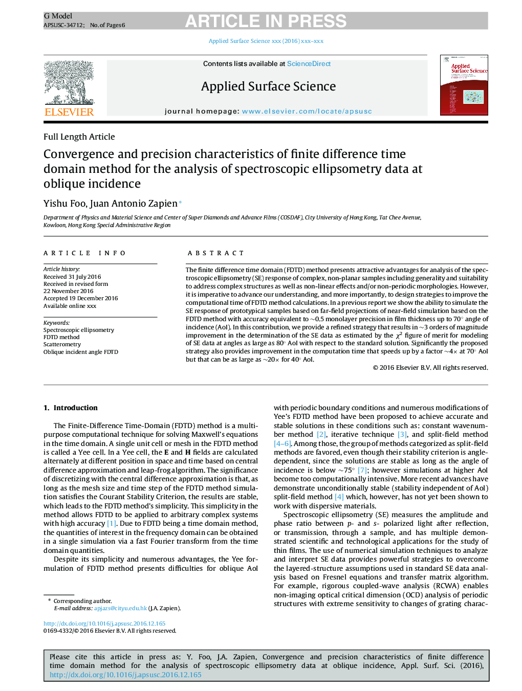 ویژگی های همگرایی و دقت روش دامنه اختلاف زمانی محدود برای تجزیه و تحلیل داده های طیف سنجی ایلپسومتری در بروز مضر 