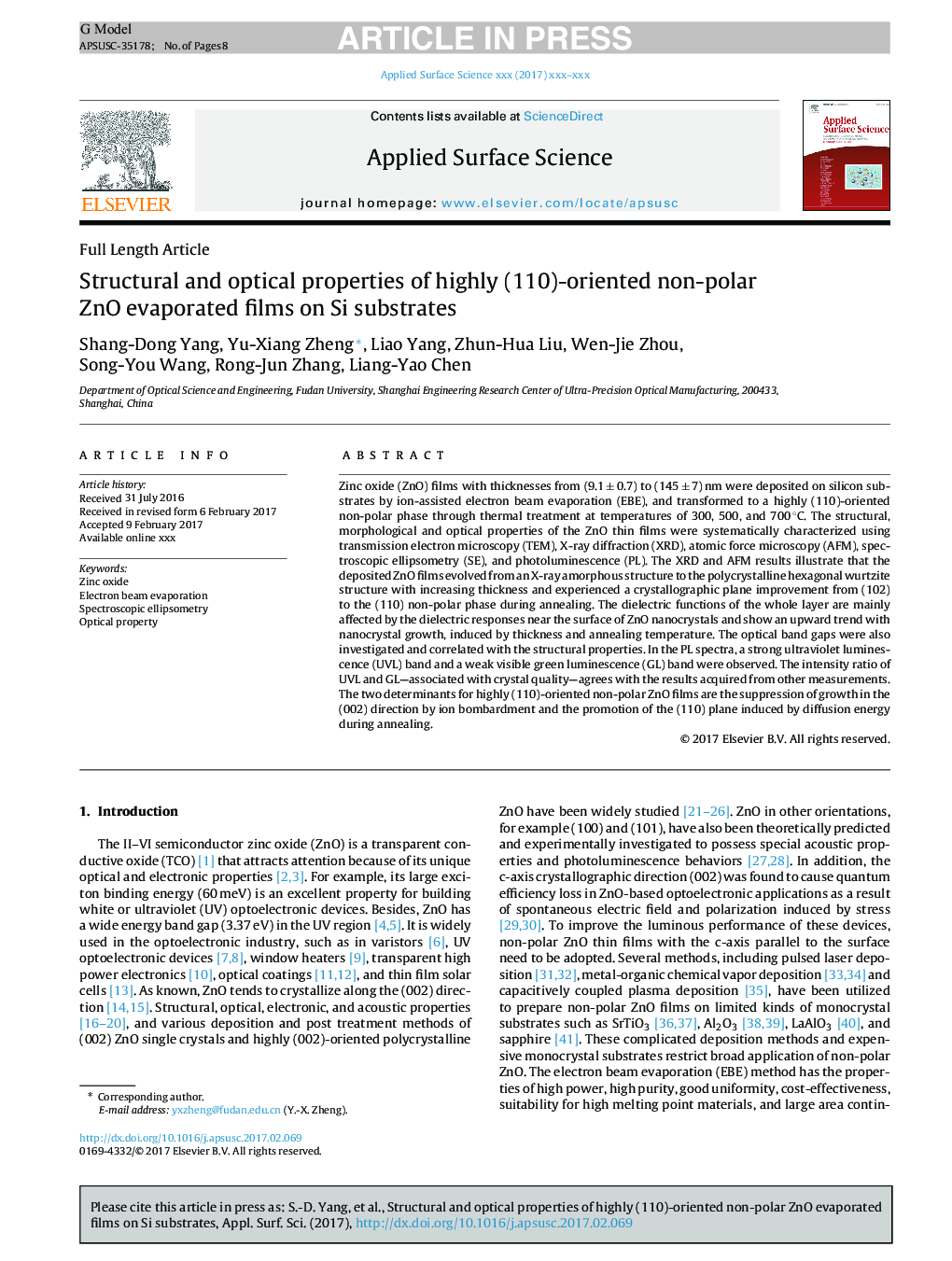 Structural and optical properties of highly (110)-oriented non-polar ZnO evaporated films on Si substrates