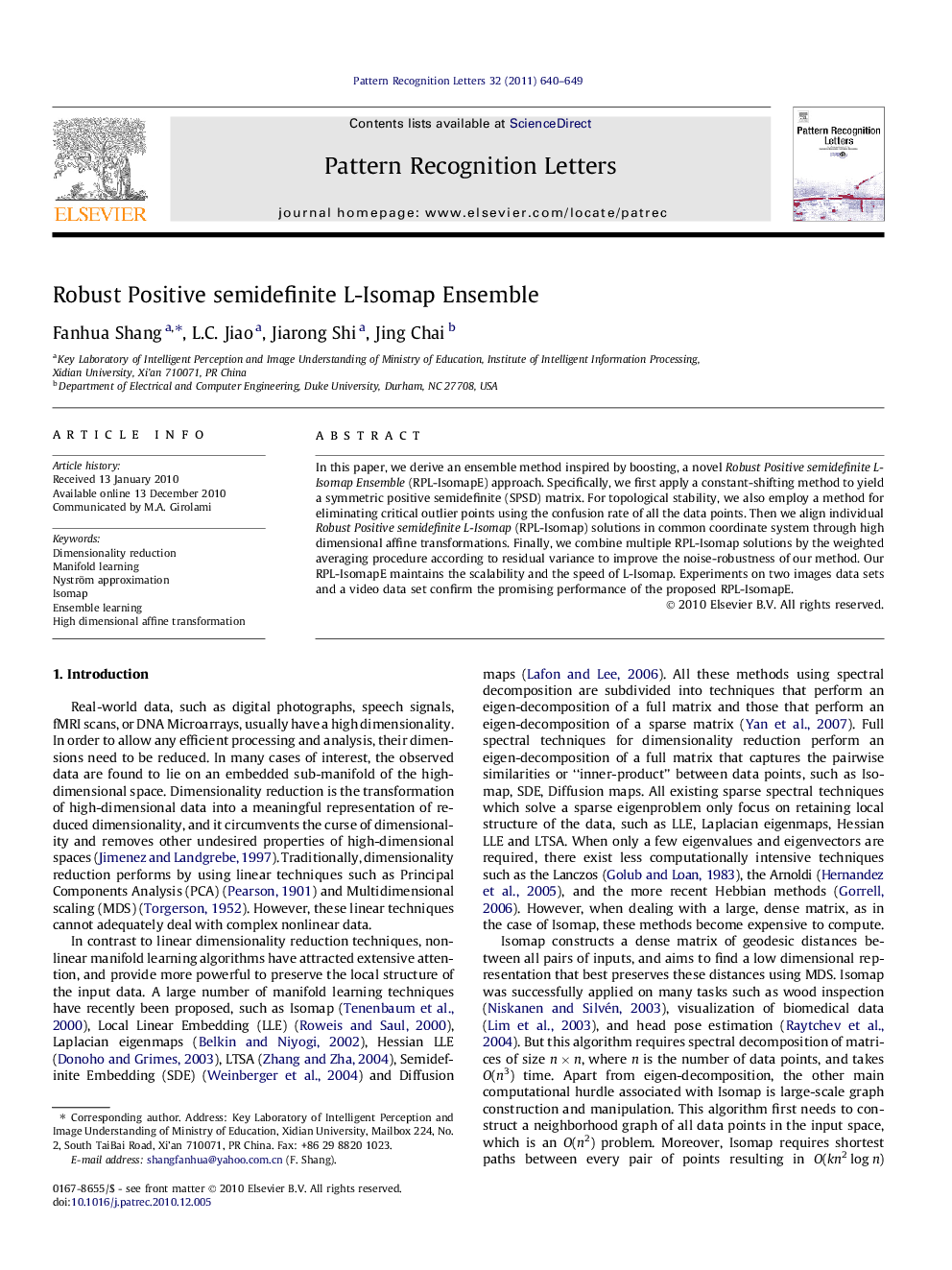 Robust Positive semidefinite L-Isomap Ensemble