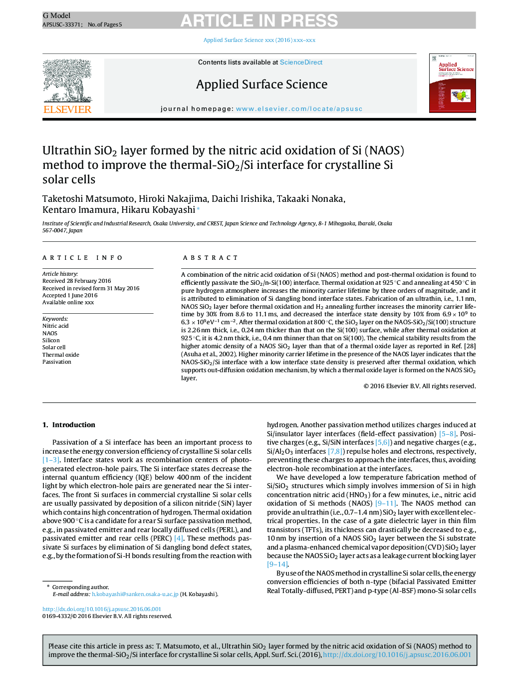 Ultrathin SiO2 layer formed by the nitric acid oxidation of Si (NAOS) method to improve the thermal-SiO2/Si interface for crystalline Si solar cells