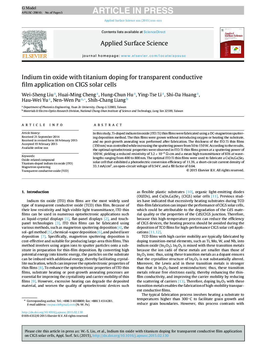 Indium tin oxide with titanium doping for transparent conductive film application on CIGS solar cells