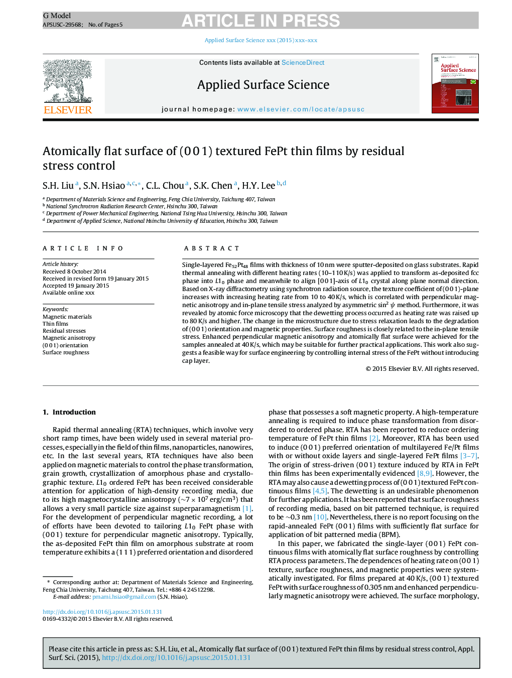 Atomically flat surface of (0Â 0Â 1) textured FePt thin films by residual stress control