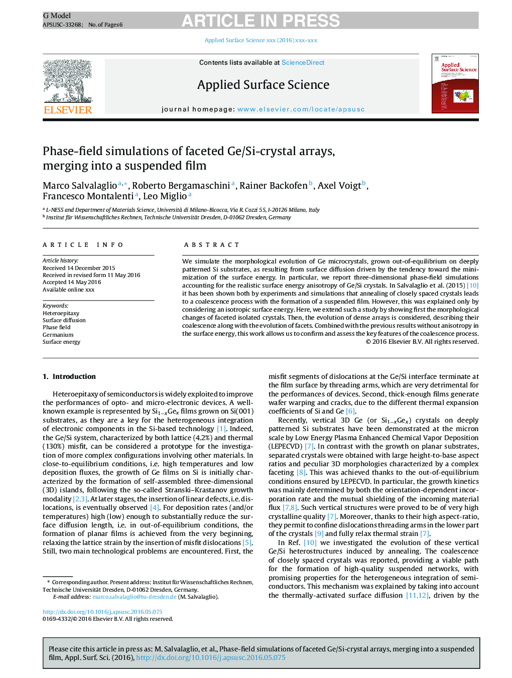 Phase-field simulations of faceted Ge/Si-crystal arrays, merging into a suspended film