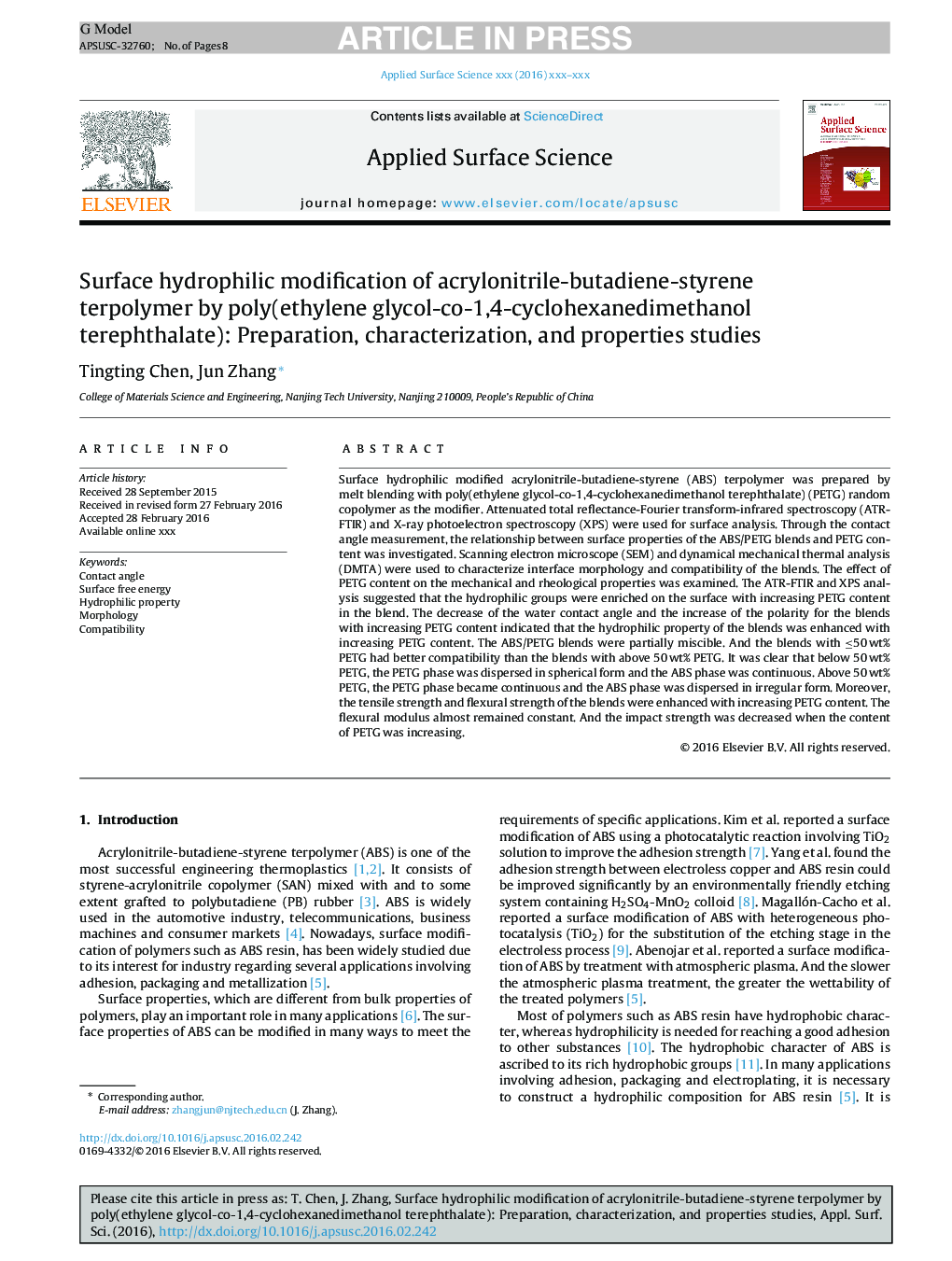 Surface hydrophilic modification of acrylonitrile-butadiene-styrene terpolymer by poly(ethylene glycol-co-1,4-cyclohexanedimethanol terephthalate): Preparation, characterization, and properties studies