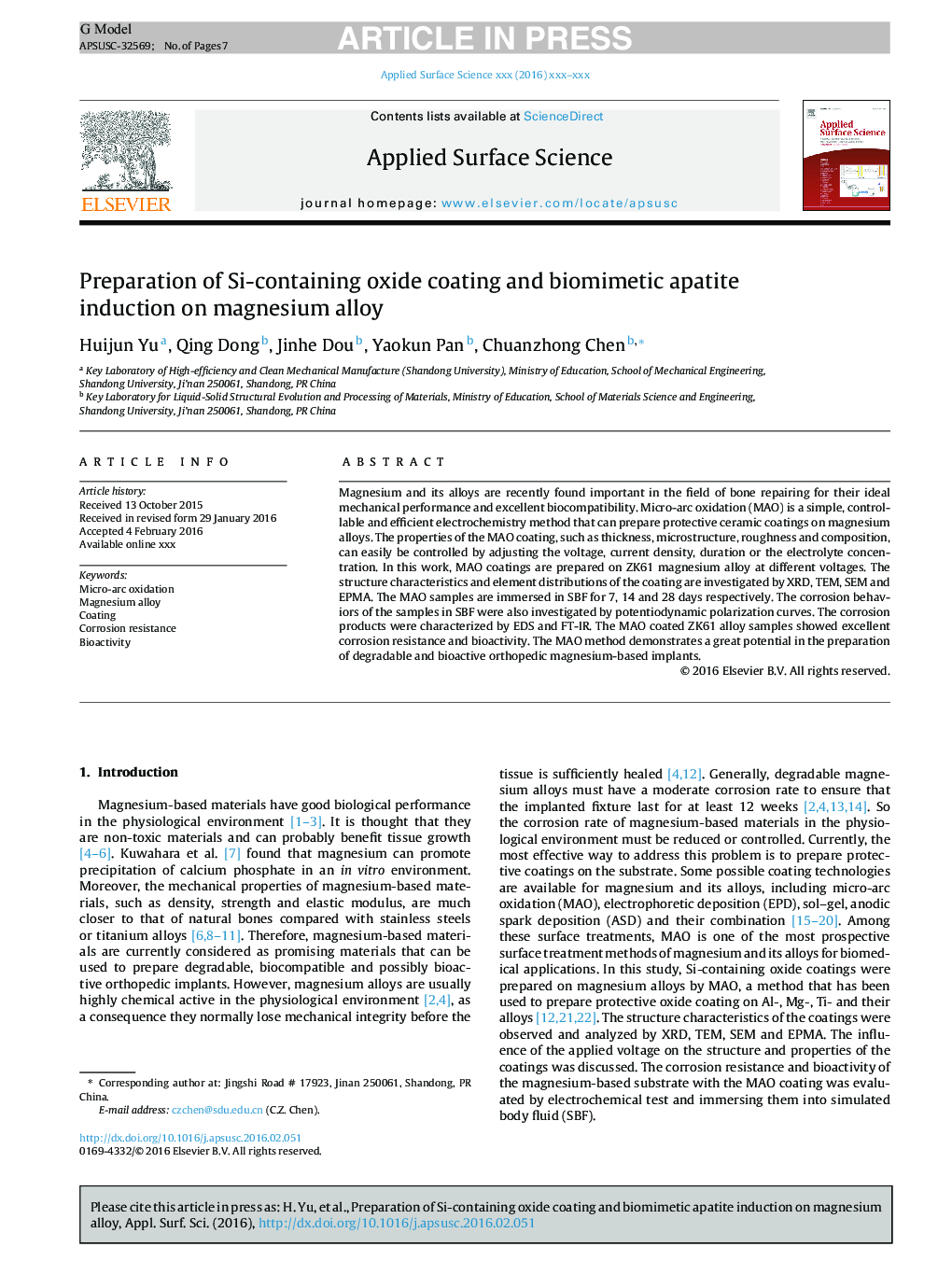 Preparation of Si-containing oxide coating and biomimetic apatite induction on magnesium alloy