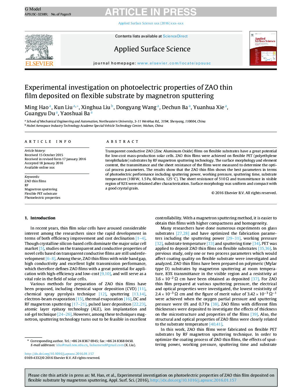 Experimental investigation on photoelectric properties of ZAO thin film deposited on flexible substrate by magnetron sputtering