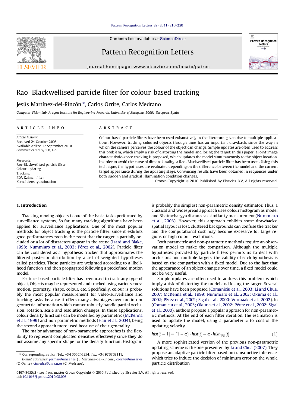 Rao–Blackwellised particle filter for colour-based tracking