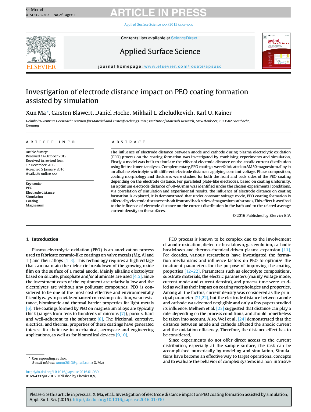 عکس صفحه اول مقاله: Investigation of electrode distance impact on PEO coating formation assisted by simulation Investigation of electrode distance impact on PEO coating formation assisted by simulation