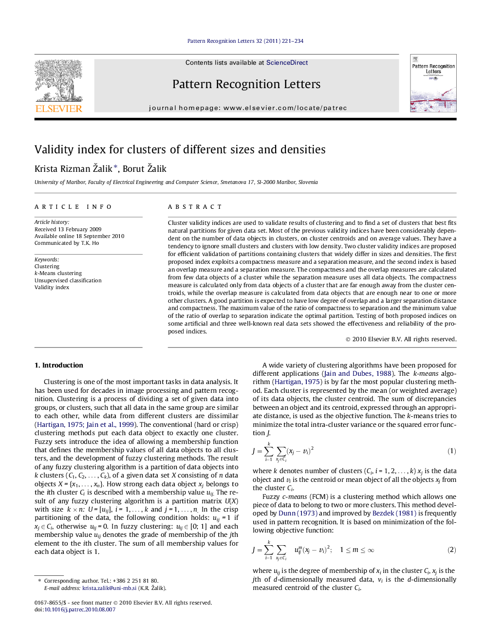 Validity index for clusters of different sizes and densities