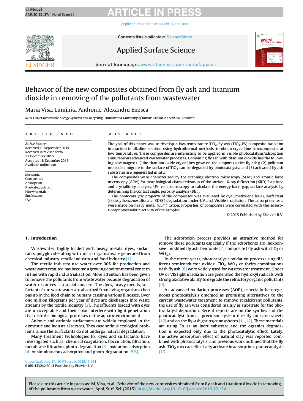 Behavior of the new composites obtained from fly ash and titanium dioxide in removing of the pollutants from wastewater