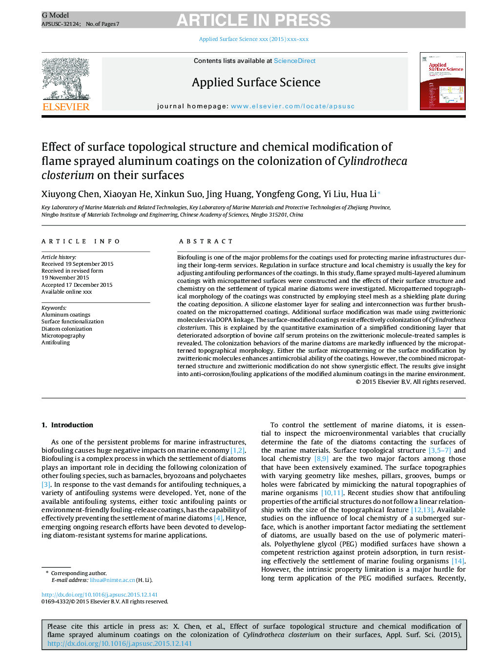 Effect of surface topological structure and chemical modification of flame sprayed aluminum coatings on the colonization of Cylindrotheca closterium on their surfaces