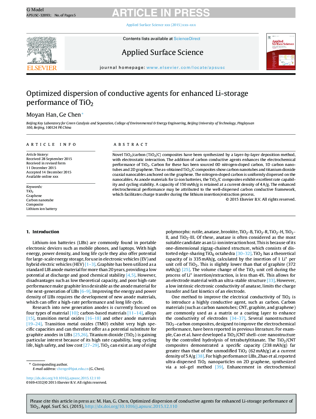 عکس صفحه اول مقاله: Optimized dispersion of conductive agents for enhanced Li-storage performance of TiO2 Optimized dispersion of conductive agents for enhanced Li-storage performance of TiO2