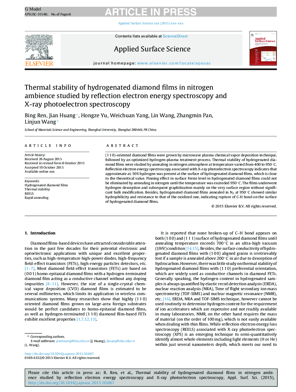 Thermal stability of hydrogenated diamond films in nitrogen ambience studied by reflection electron energy spectroscopy and X-ray photoelectron spectroscopy