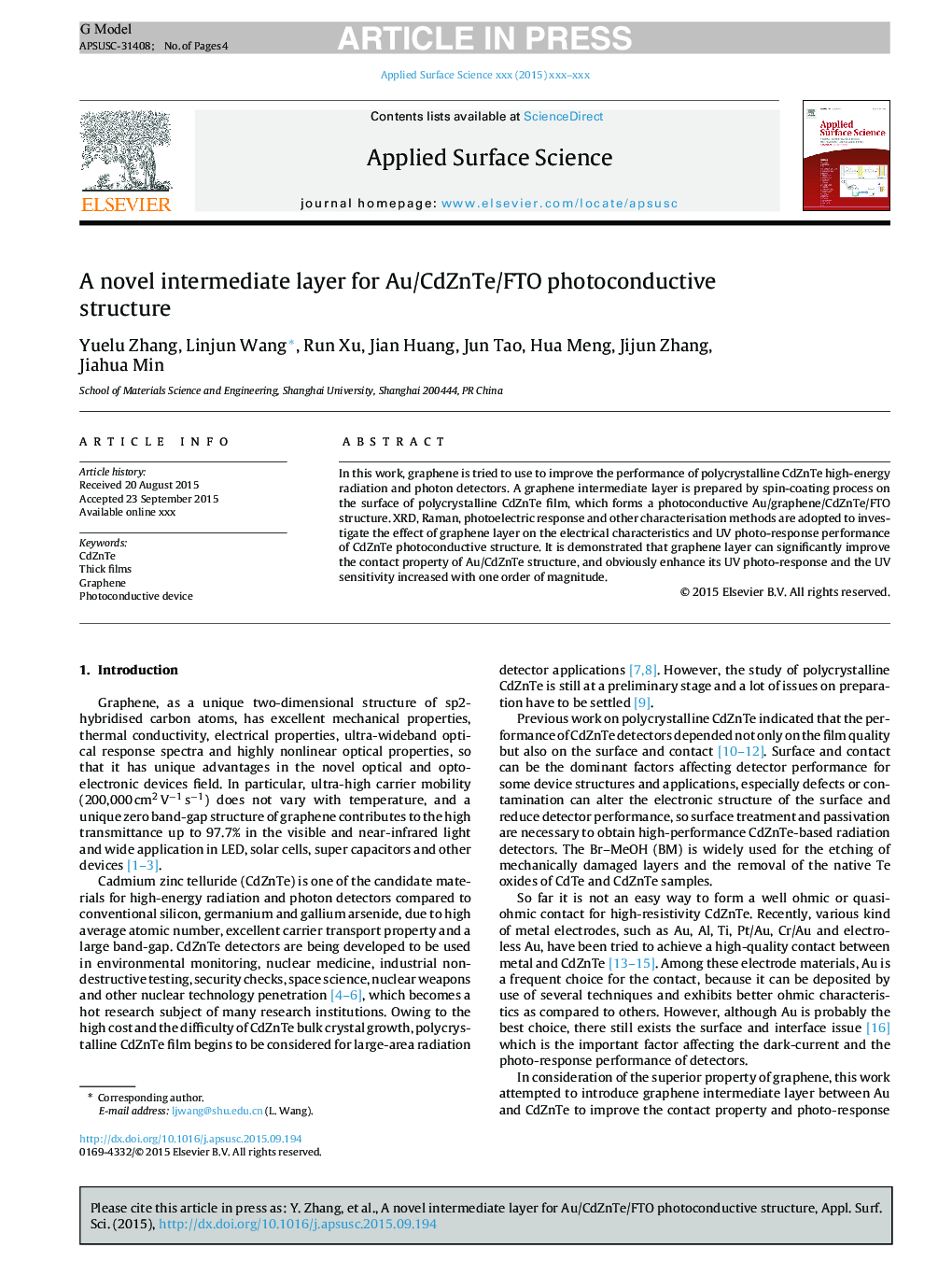 A novel intermediate layer for Au/CdZnTe/FTO photoconductive structure