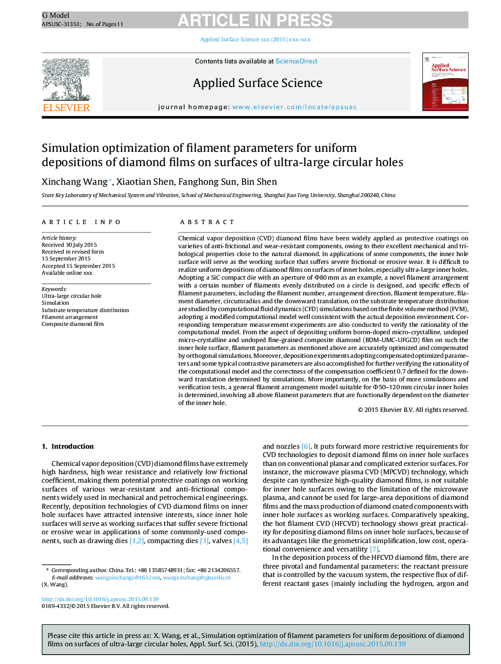 Simulation optimization of filament parameters for uniform depositions of diamond films on surfaces of ultra-large circular holes