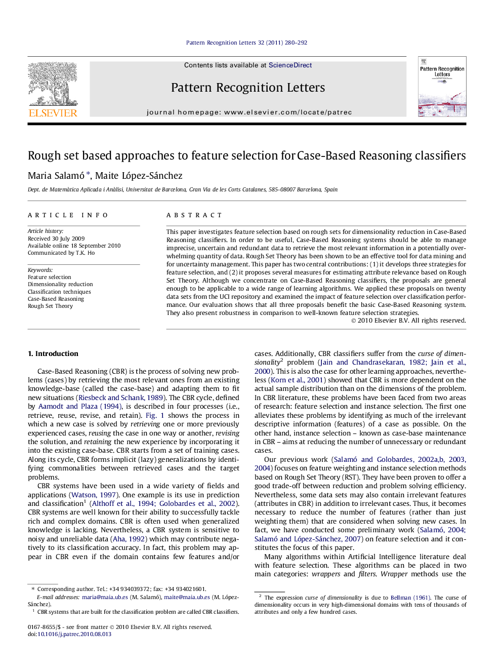 Rough set based approaches to feature selection for Case-Based Reasoning classifiers