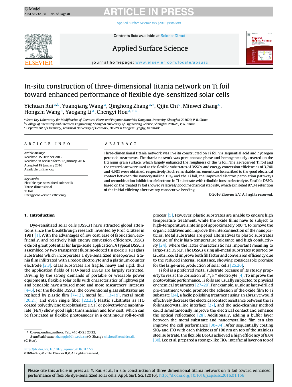 In-situ construction of three-dimensional titania network on Ti foil toward enhanced performance of flexible dye-sensitized solar cells