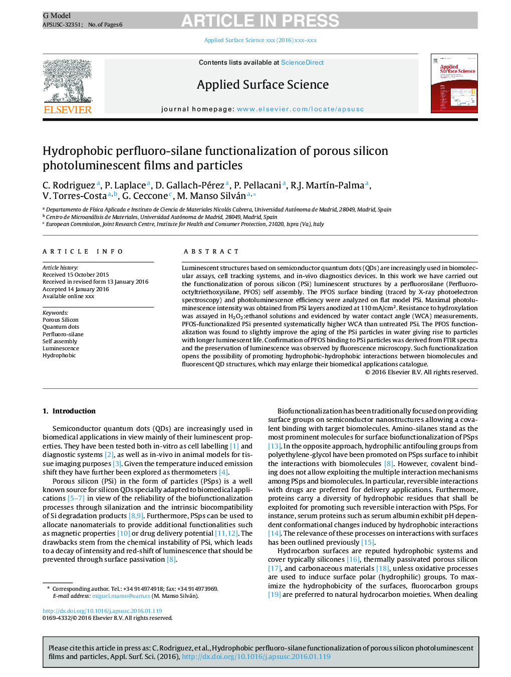 Hydrophobic perfluoro-silane functionalization of porous silicon photoluminescent films and particles