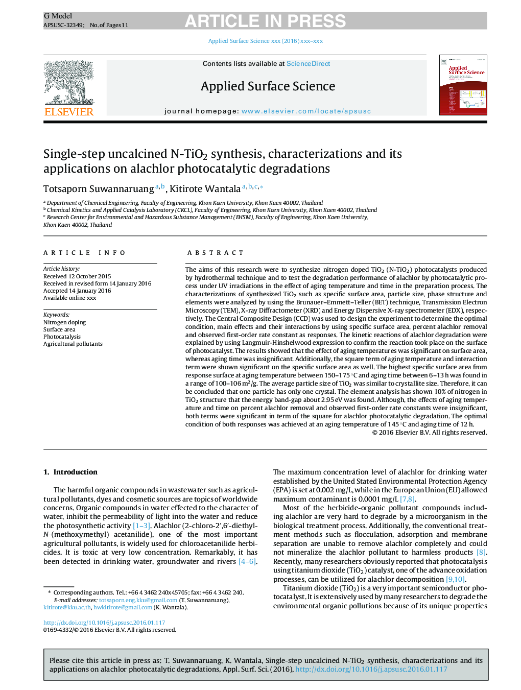 Single-step uncalcined N-TiO2 synthesis, characterizations and its applications on alachlor photocatalytic degradations