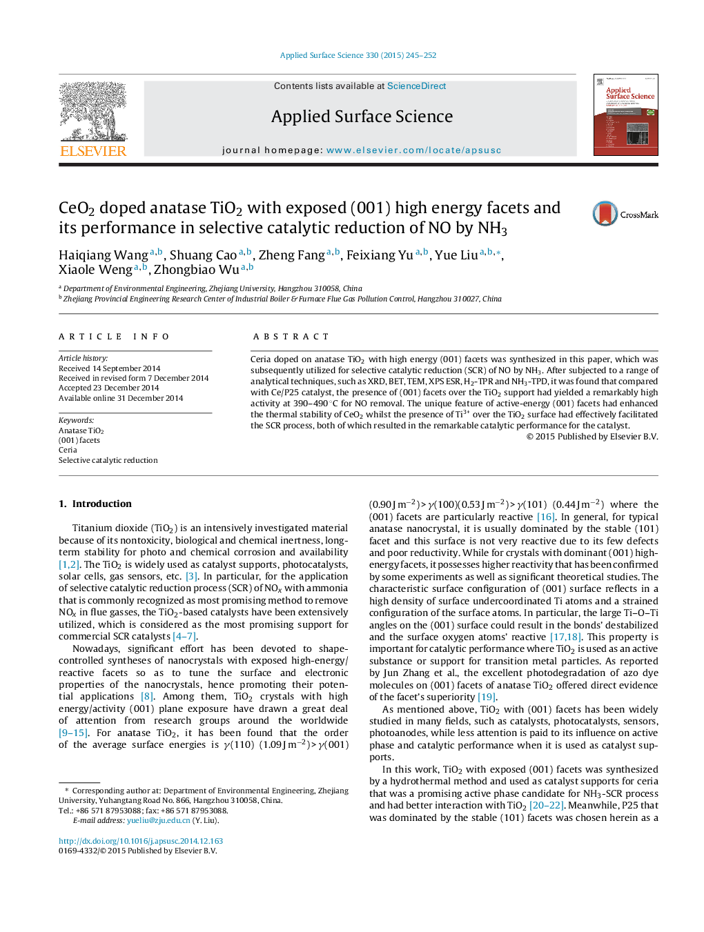 CeO2 doped anatase TiO2 with exposed (001) high energy facets and its performance in selective catalytic reduction of NO by NH3