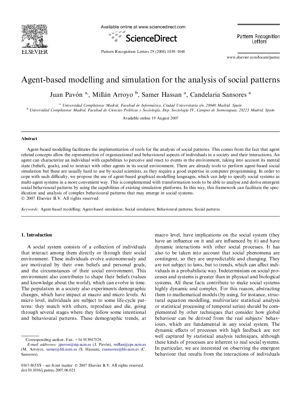 Agent-based modelling and simulation for the analysis of social patterns