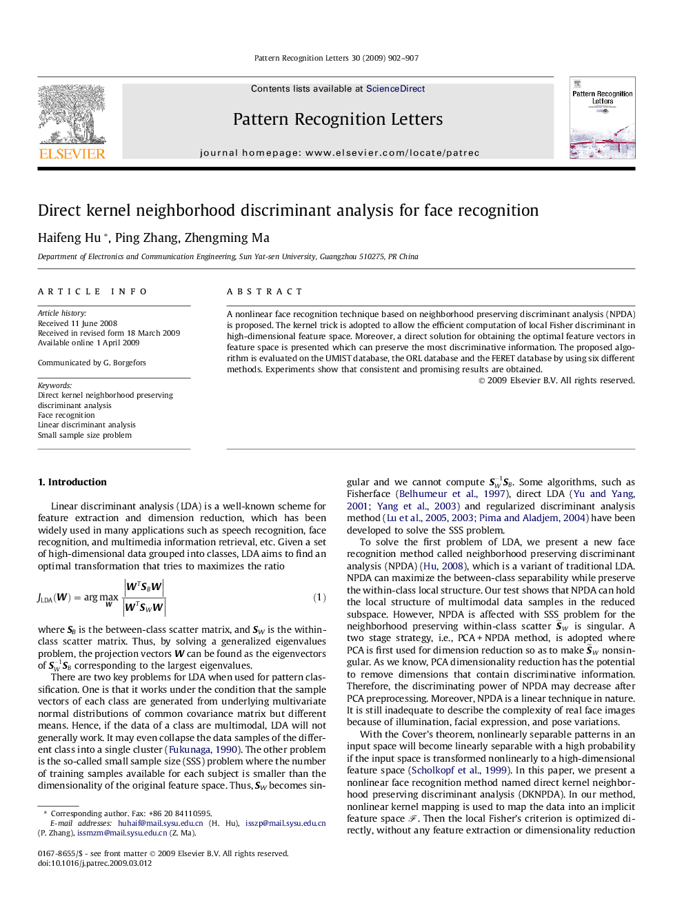 Direct kernel neighborhood discriminant analysis for face recognition