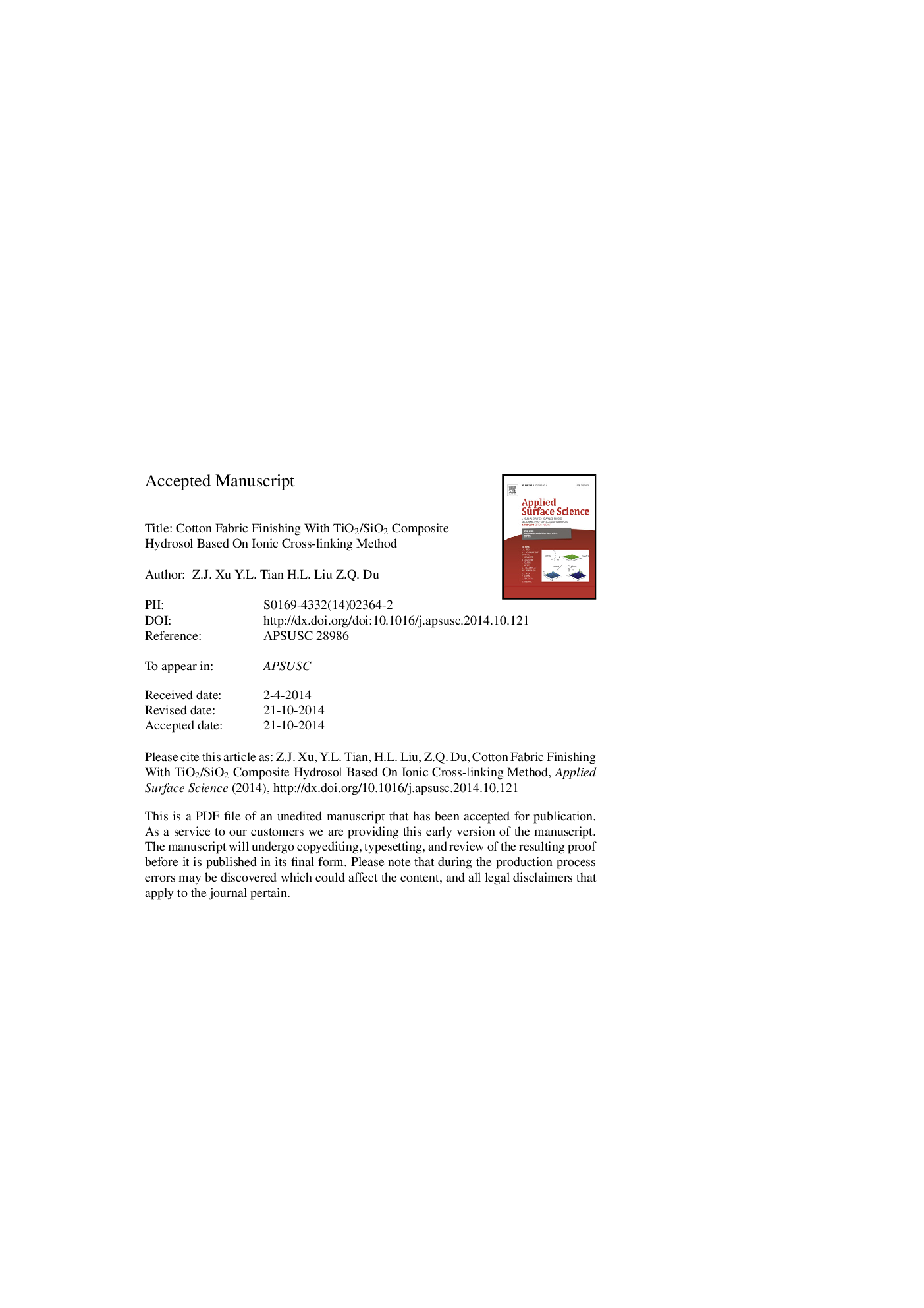 Cotton fabric finishing with TiO2/SiO2 composite hydrosol based on ionic cross-linking method