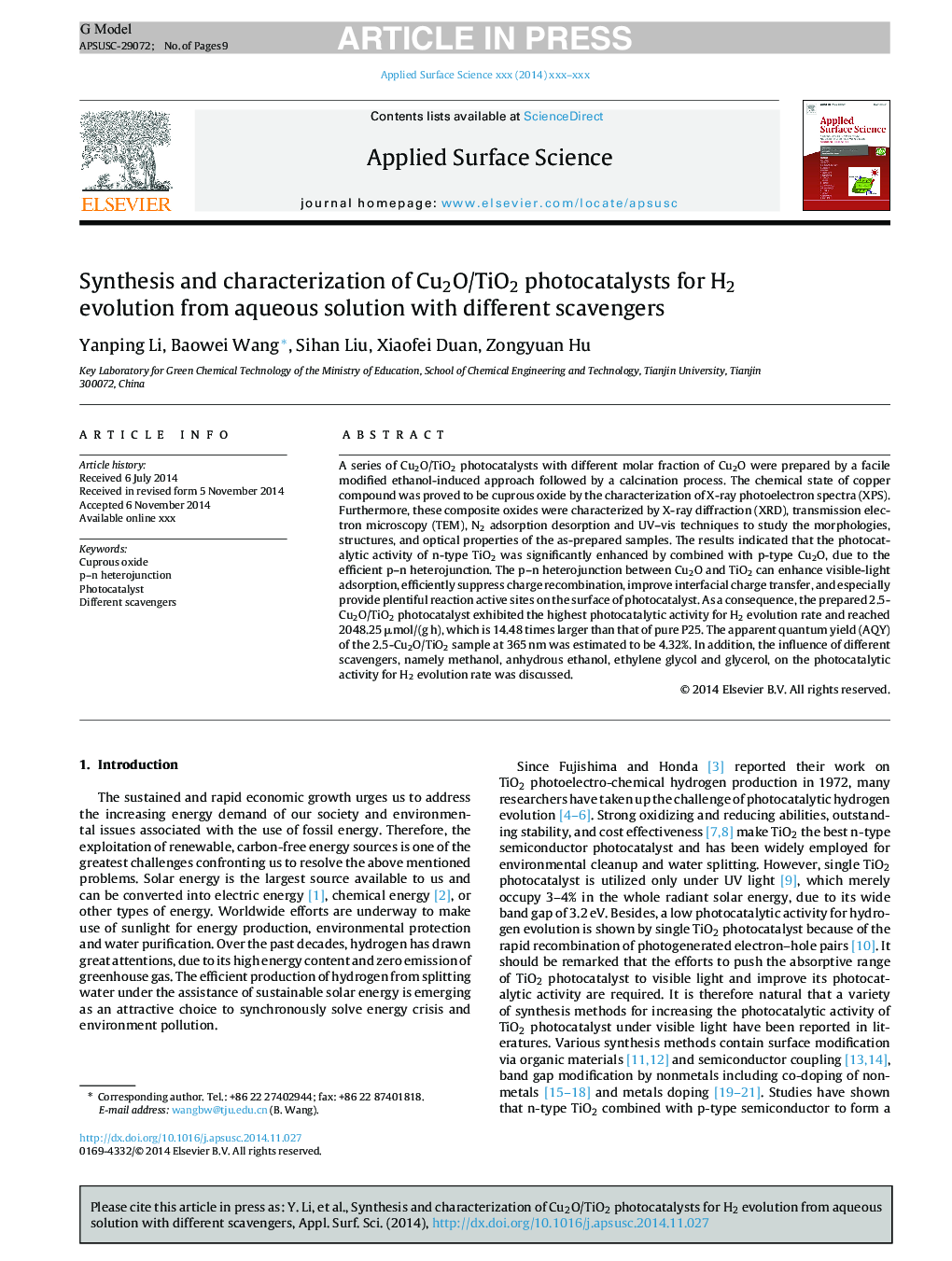 Synthesis and characterization of Cu2O/TiO2 photocatalysts for H2 evolution from aqueous solution with different scavengers