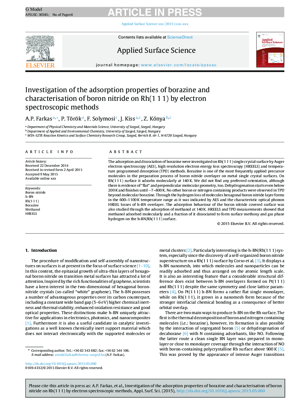 Investigation of the adsorption properties of borazine and characterisation of boron nitride on Rh(1Â 1Â 1) by electron spectroscopic methods