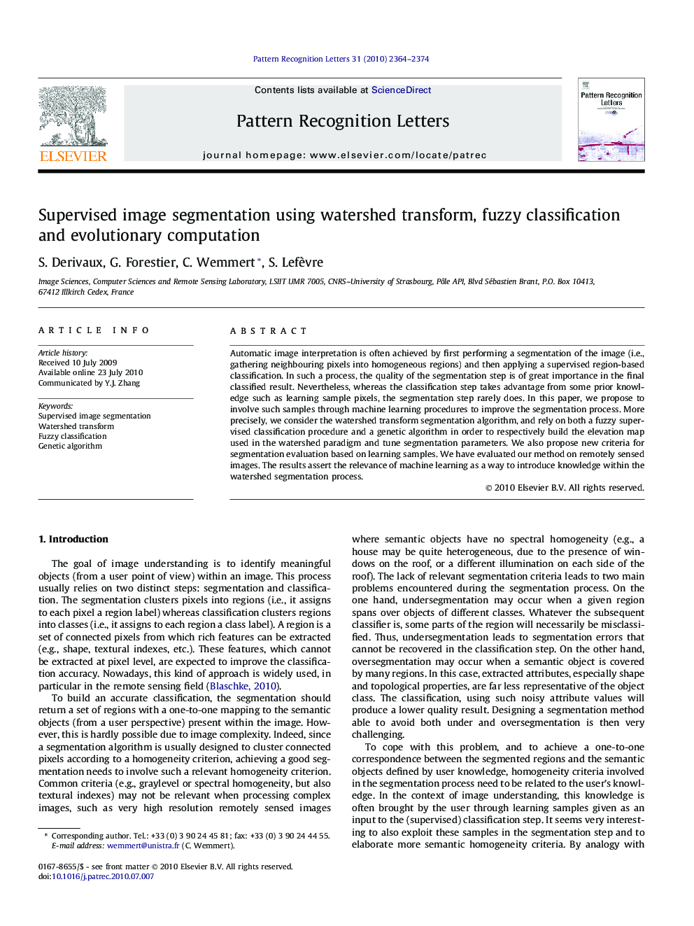 Supervised image segmentation using watershed transform, fuzzy classification and evolutionary computation