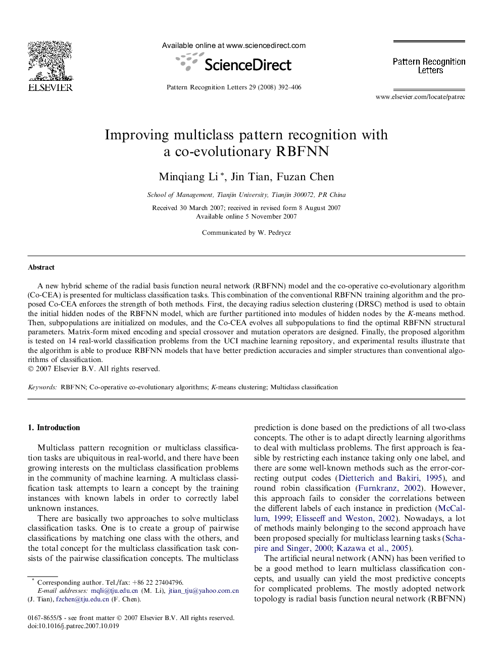 Improving multiclass pattern recognition with a co-evolutionary RBFNN