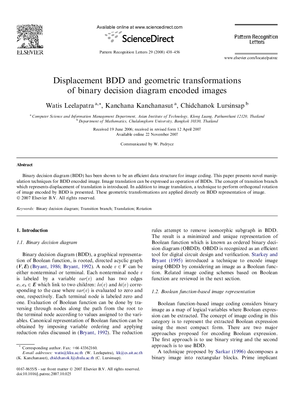 Displacement BDD and geometric transformations of binary decision diagram encoded images