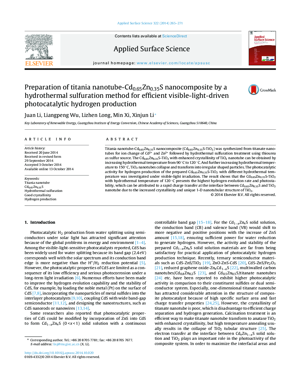 Preparation of titania nanotube-Cd0.65Zn0.35S nanocomposite by a hydrothermal sulfuration method for efficient visible-light-driven photocatalytic hydrogen production