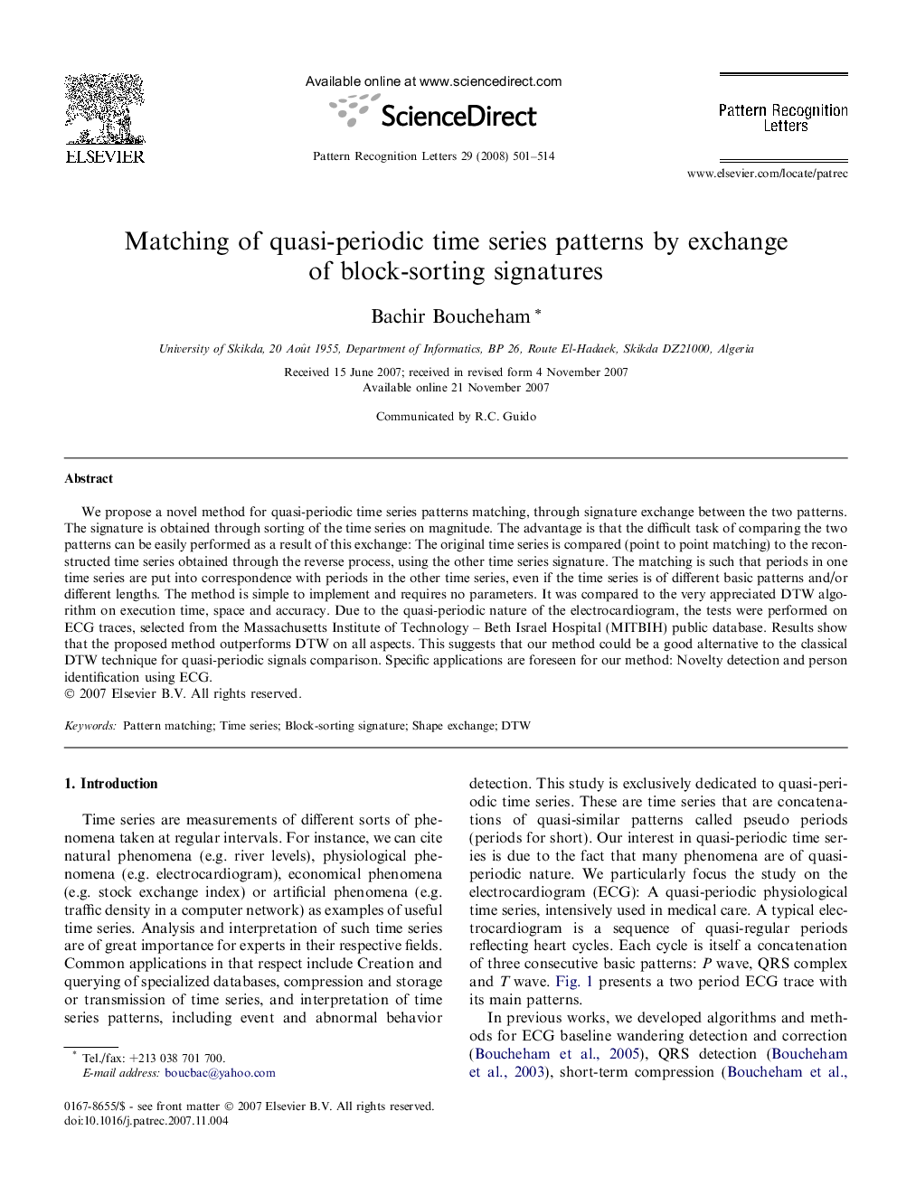 Matching of quasi-periodic time series patterns by exchange of block-sorting signatures