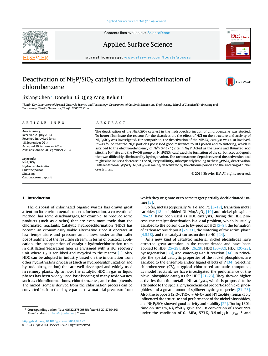 Deactivation of Ni2P/SiO2 catalyst in hydrodechlorination of chlorobenzene